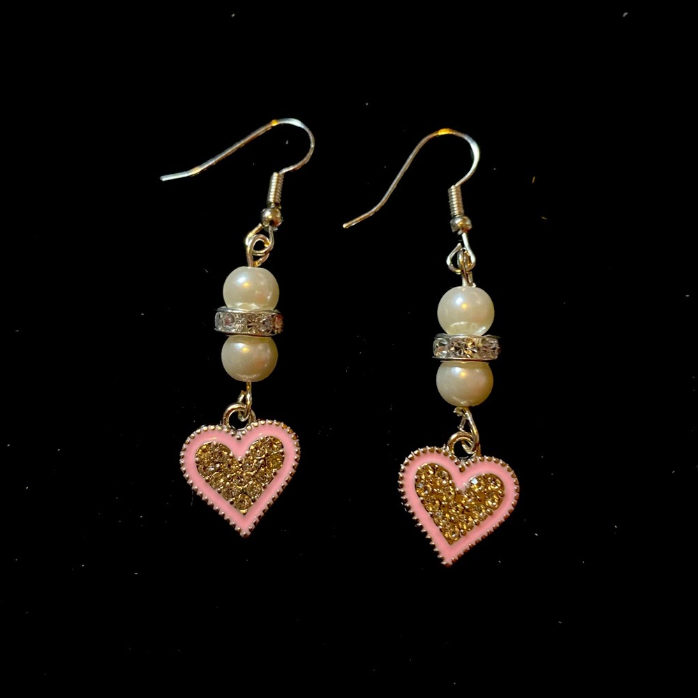 Pink CZ and pearl dangle earrings